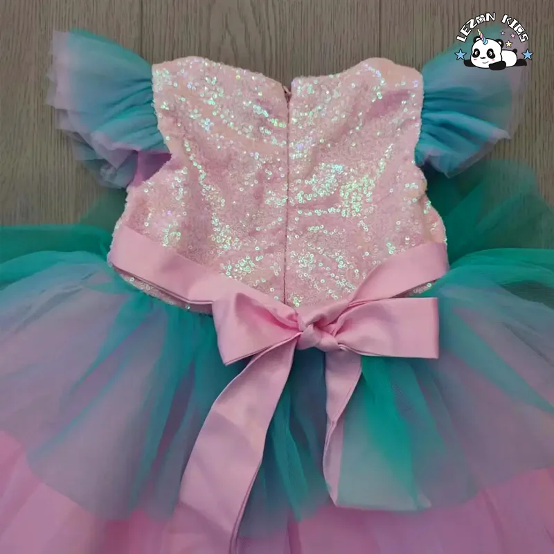 LEZONKIDS - Vestido de gala infantil com lantejoulas coloridas, manga bufante, azul, rosa, camadas para festa de aniversário, vestido de princesa para menina